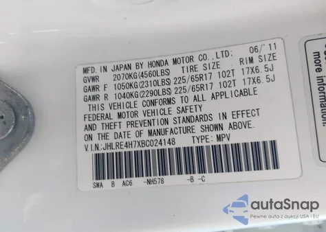 2011 Honda Cr-V Ex-L z USA, uszkodzony, nr VIN JHLRE4H7XBC024148